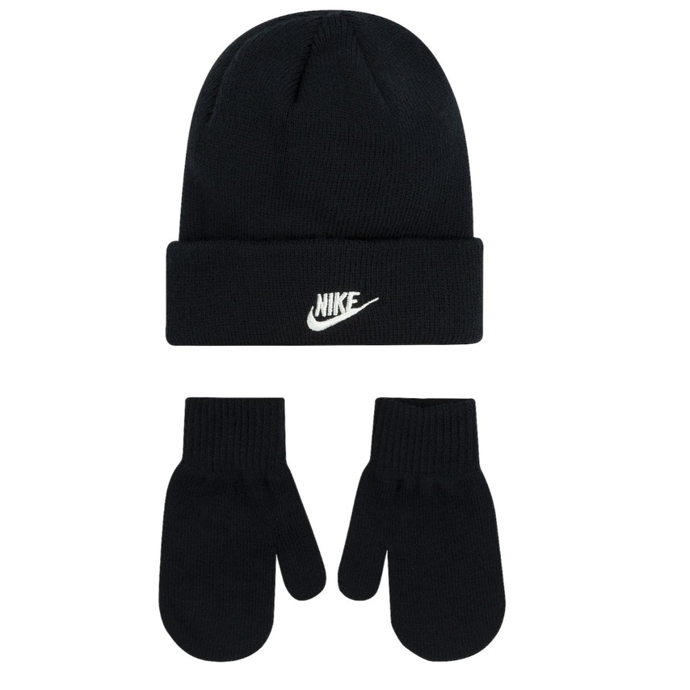 Nike Toddler Kids Futura Beanie And Glove 2 PC Unisex Hat Set Black Size 2T-4T